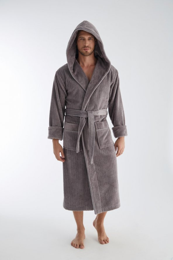 Yaka Fitilli Bambu Cotton Erkek Bornozu - 7