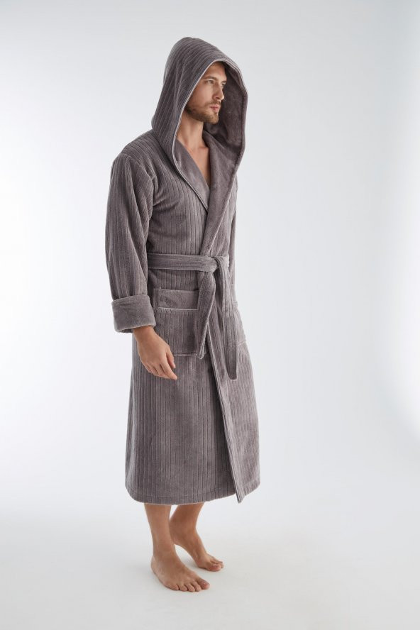 Yaka Fitilli Bambu Cotton Erkek Bornozu - 8