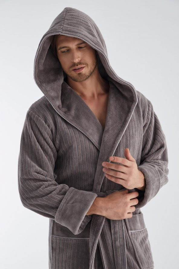 Yaka Fitilli Bambu Cotton Erkek Bornozu - 9
