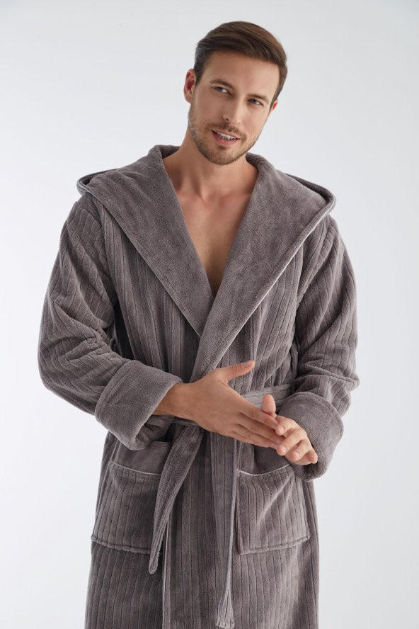 Yaka Fitilli Bambu Cotton Erkek Bornozu - 11