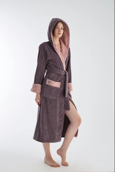 Uzun Kapüşonlu Triga Bambu Cotton Bayan Bornoz - Resim 8