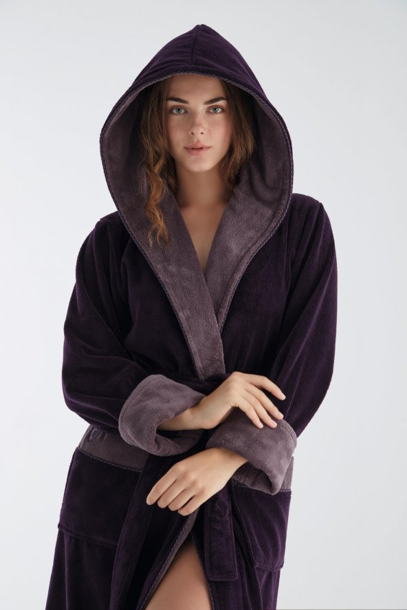 Uzun Kapüşonlu Triga Bambu Cotton Bayan Bornoz - 3