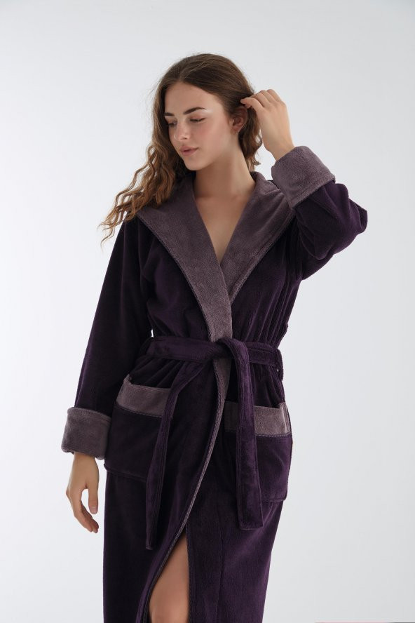 Uzun Kapüşonlu Triga Bambu Cotton Bayan Bornoz - 7