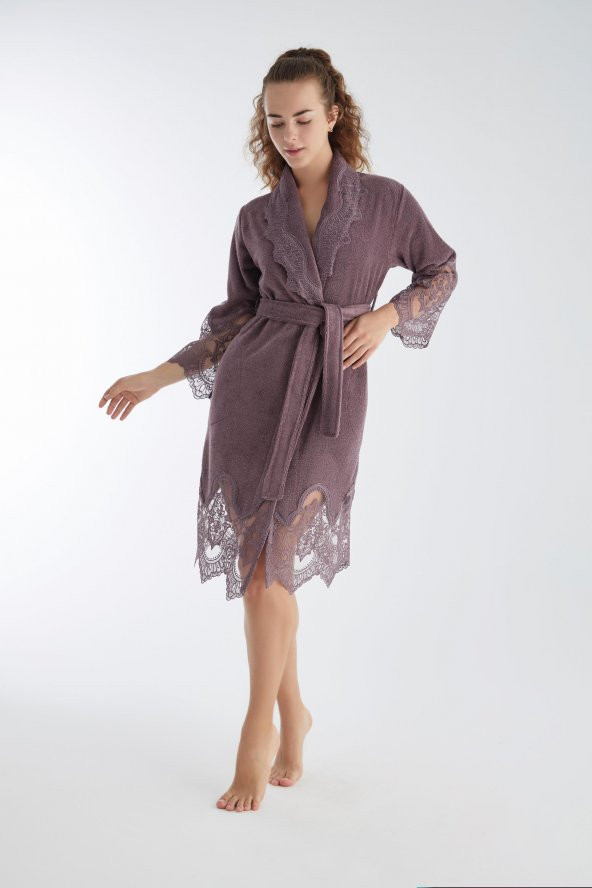 Dantelli Kısa Şalyaka Bukle Bambu Cotton Bayan Bornoz - 3