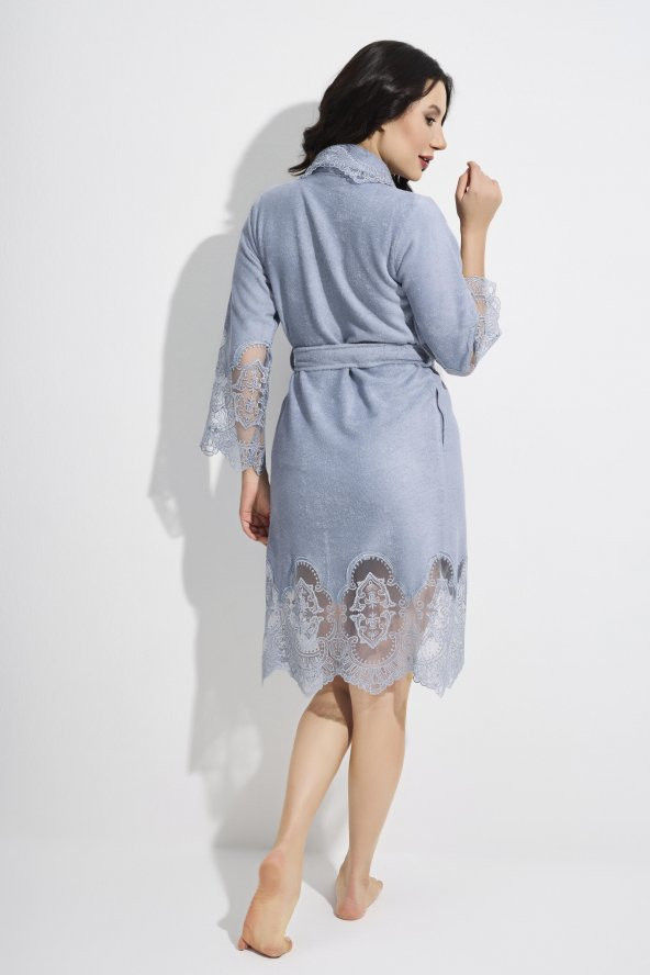 Dantelli Kısa Şalyaka Bukle Bambu Cotton Bayan Bornoz - 11