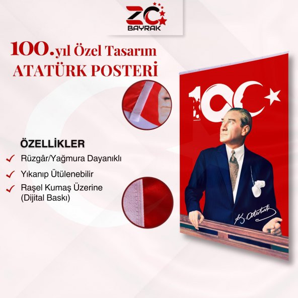 100.Yıl Özel Tasarım Atatürk Poster Bayrak Raşel Kumaş Dijital Baskı 70x105 - 1