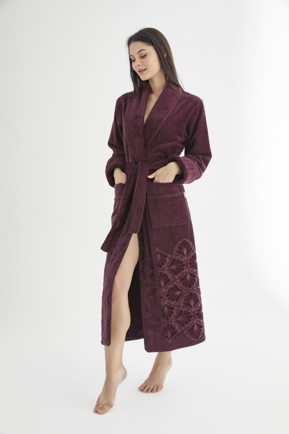 Şalyaka Jakarlı %100 Cotton Bayan Bornozu - Resim 2
