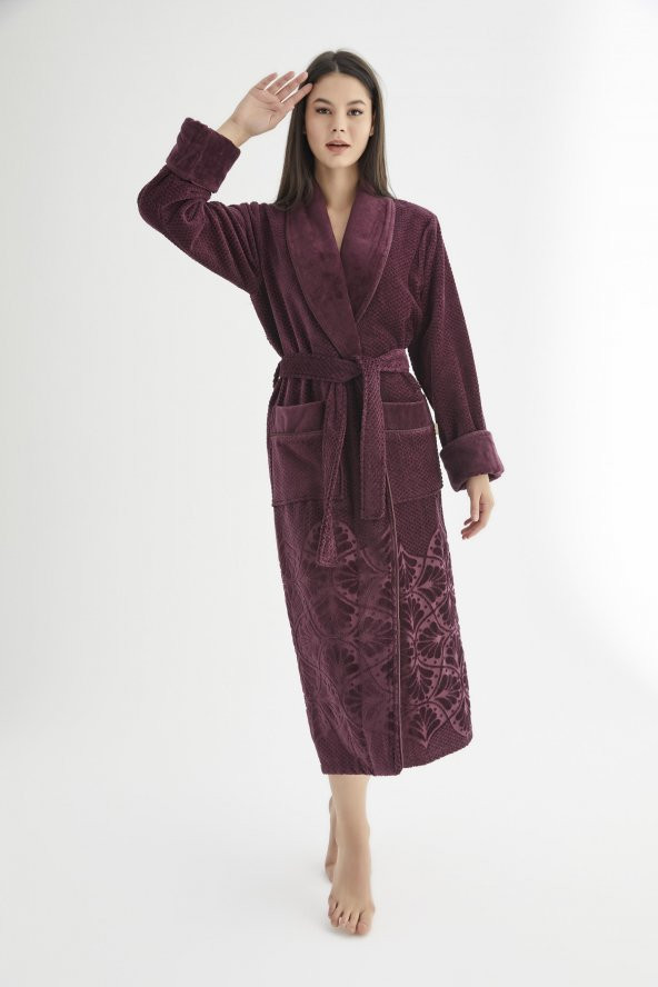 Şalyaka Jakarlı %100 Cotton Bayan Bornozu - Resim 3