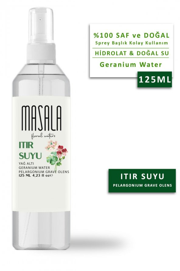 Masala Saf Itır Suyu (Sardunya) 125 ml 100 Doğal Yağlı Hidrosol - Tonik Geranium Floral Water Hydrosol Tonic