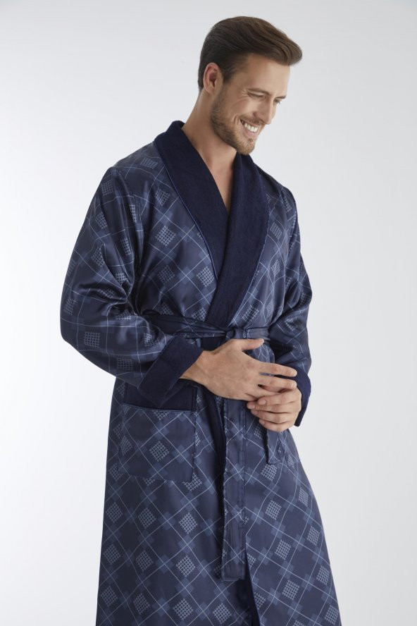 Kareli Saten İçi Bukle Erkek Cotton Dabulface Bornoz