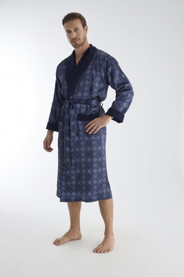 Kareli Saten İçi Bukle Erkek Cotton Dabulface Bornoz - 3