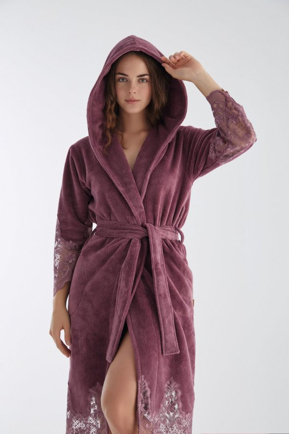 Dantelli Uzun Kapüşonlu Triga Bambu Cotton Bayan Bornoz - Resim 2