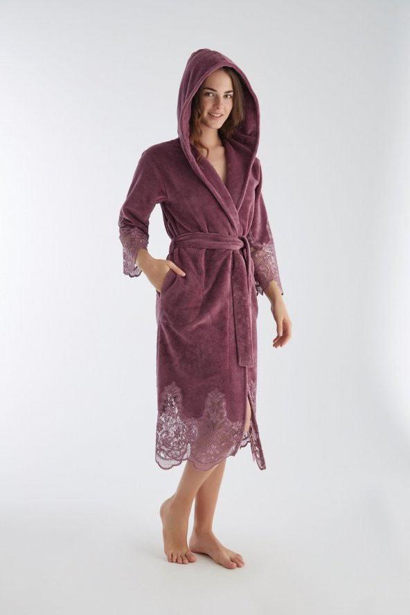 Dantelli Uzun Kapüşonlu Triga Bambu Cotton Bayan Bornoz - Resim 3