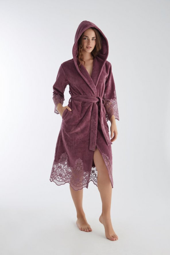Dantelli Uzun Kapüşonlu Triga Bambu Cotton Bayan Bornoz - Resim 4