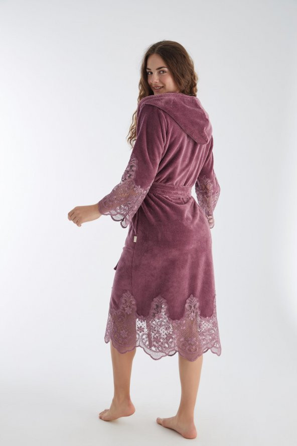 Dantelli Uzun Kapüşonlu Triga Bambu Cotton Bayan Bornoz - Resim 5