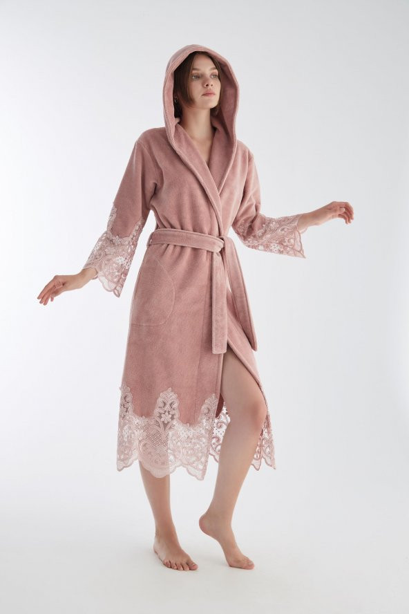 Dantelli Uzun Kapüşonlu Triga Bambu Cotton Bayan Bornoz - Resim 9