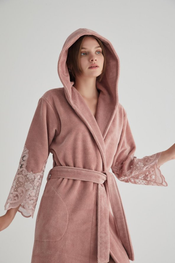 Dantelli Uzun Kapüşonlu Triga Bambu Cotton Bayan Bornoz - Resim 10