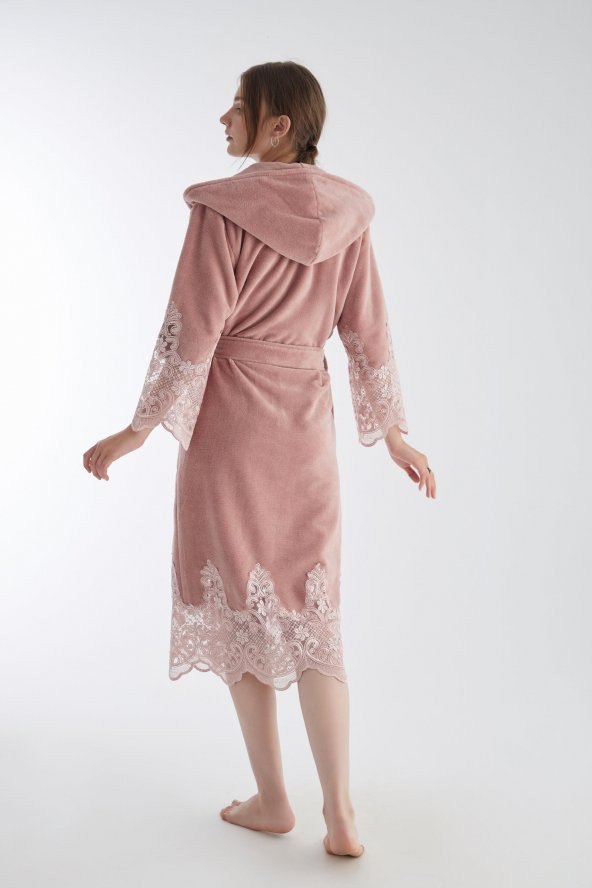 Dantelli Uzun Kapüşonlu Triga Bambu Cotton Bayan Bornoz - Resim 11