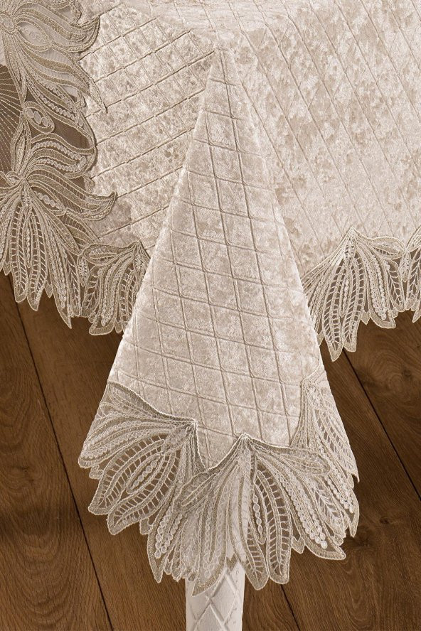 Kadife Lüks Masa Örtüsü Seti Dantelli Güpürlü 25 Parça Vels - 2