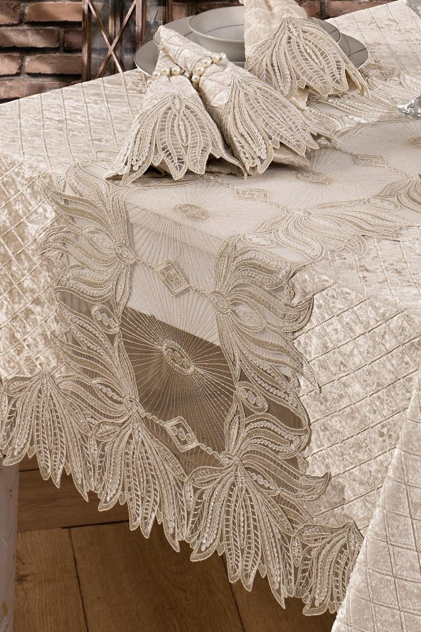 Kadife Lüks Masa Örtüsü Seti Dantelli Güpürlü 25 Parça Vels - 3