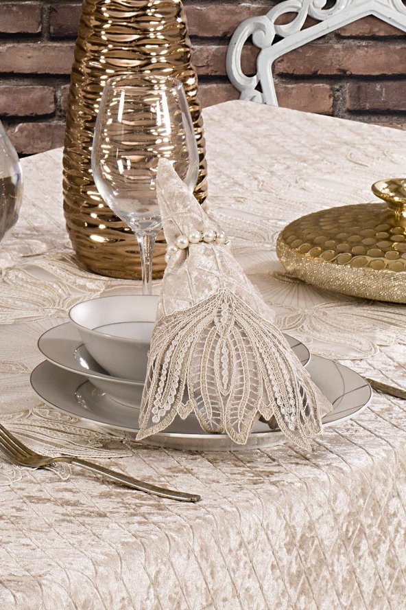 Kadife Lüks Masa Örtüsü Seti Dantelli Güpürlü 25 Parça Vels - 4