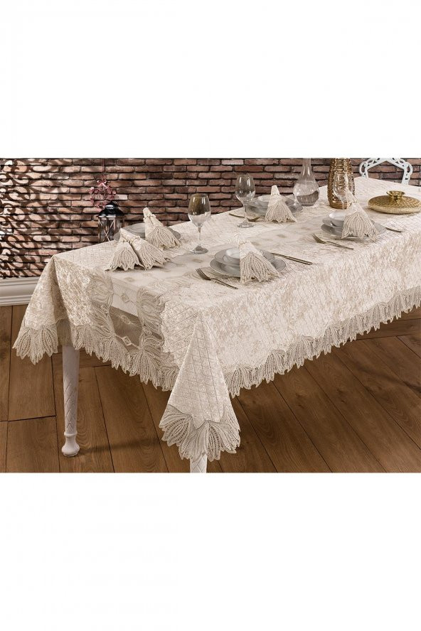 Kadife Lüks Masa Örtüsü Seti Dantelli Güpürlü 25 Parça Vels - 5