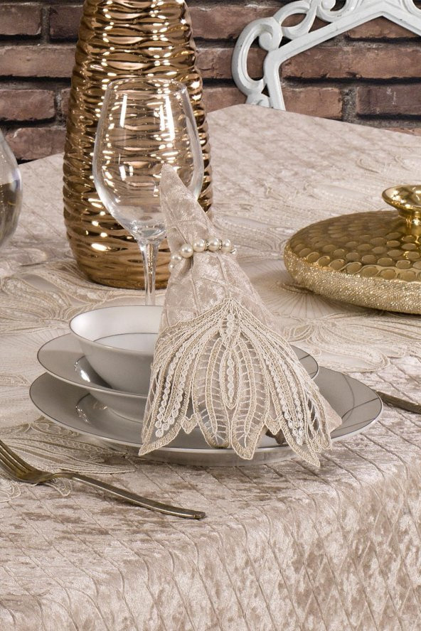 Kadife Lüks Masa Örtüsü Seti Dantelli Güpürlü 25 Parça Vels - 10