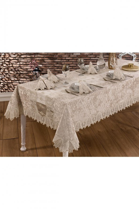 Kadife Lüks Masa Örtüsü Seti Dantelli Güpürlü 25 Parça Vels - 11