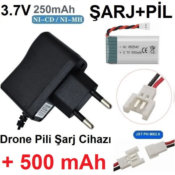 Drone Pili Şarj Cihazı + 500 Mah Pil Jst Ph Mx2.0 Fiş Güç Adaptörü 3.7v 250mah