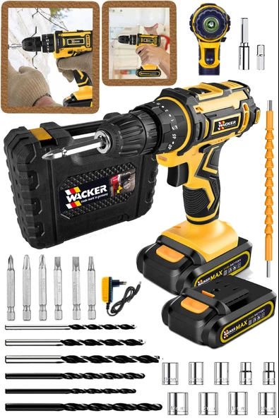 Wacker Pro Germany Dark 45 Kademe Tork W-8827 Bakır Sargı Çelik Şanzuman Akülü Şarjlı Matkap Vidalama Set