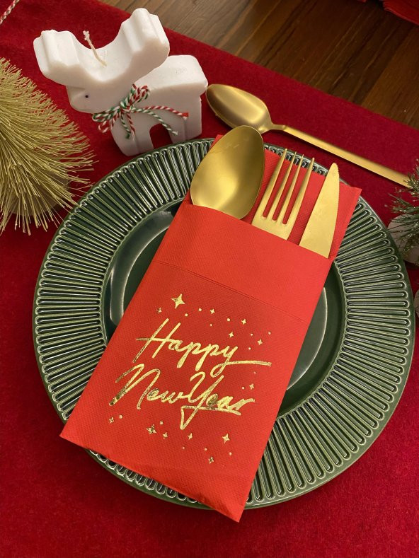Gold Yaldızlı Kırmızı Happy New Year Cepli Peçete 12 lı 40x40 ürün görseli 1