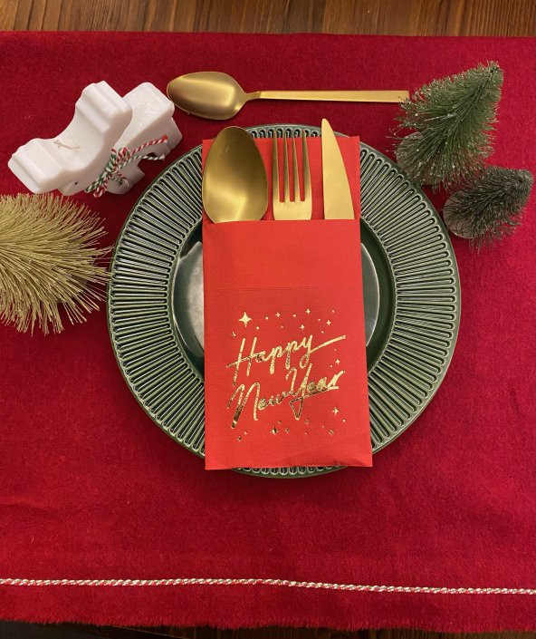 Gold Yaldızlı Kırmızı Happy New Year Cepli Peçete 12 lı 40x40 - Resim 2