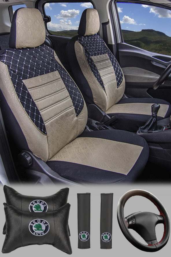 Modern Garaj Skoda Octavia Gofrajlı Oto Koltuk Logolu Kılıfı Seti - Resim 2