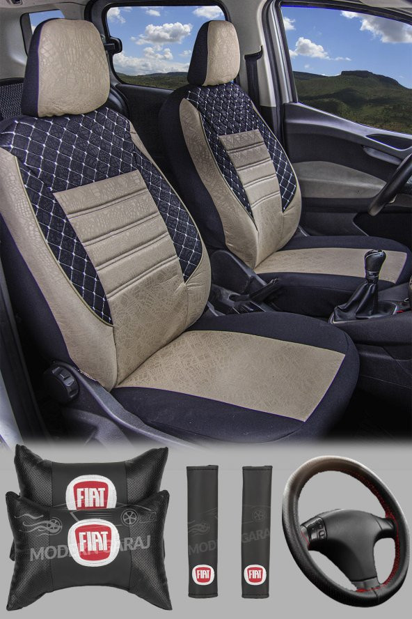 Modern Garaj Fiat Gofrajlı Oto Koltuk Kılıfı Yastık Kemer Direksiyon Kılıfı Seti AvantajlıSet ürün görseli 1