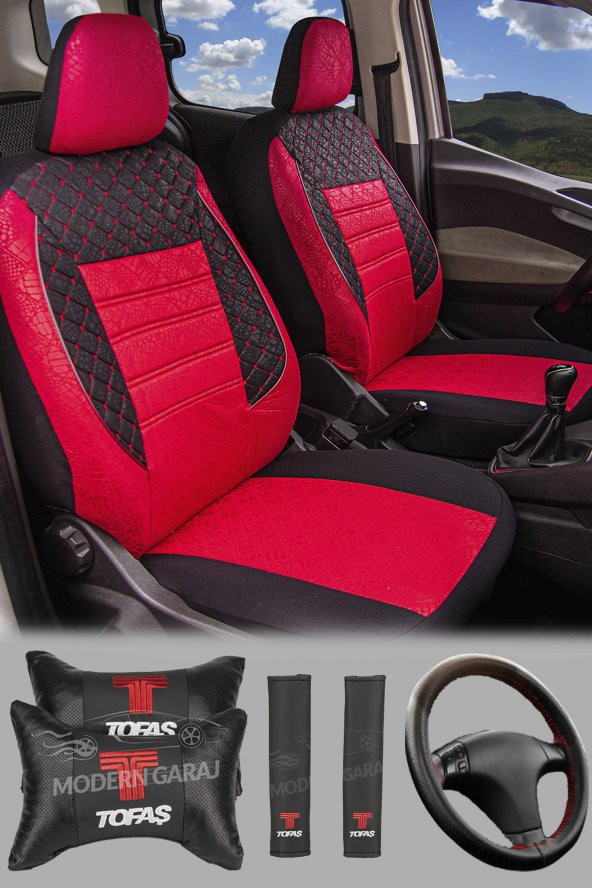 ModernGaraj Tofaş Şahin Doğan Kartal Uyumlu Yastık Kemer Direksyon Kılıfı Gof Oto Koltuk Kılıfı Seti ürün görseli 1