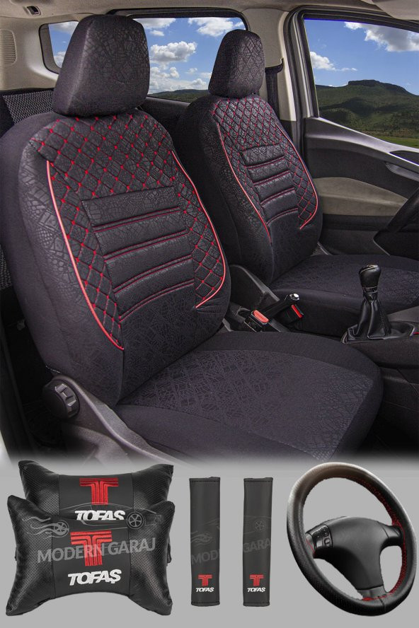 ModernGaraj Tofaş Şahin Doğan Kartal Uyumlu Yastık Kemer Direksyon Kılıfı Gof Oto Koltuk Kılıfı Seti ürün görseli 1