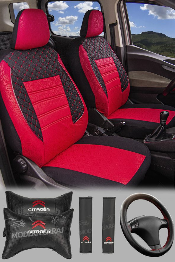 Citroen C4-C3, Berlingo ,Saxo, Xantia Uyumlu Gofrajlı Kırmızı Oto Koltuk Kılıf Seti Yastık-Kemer ürün görseli 1
