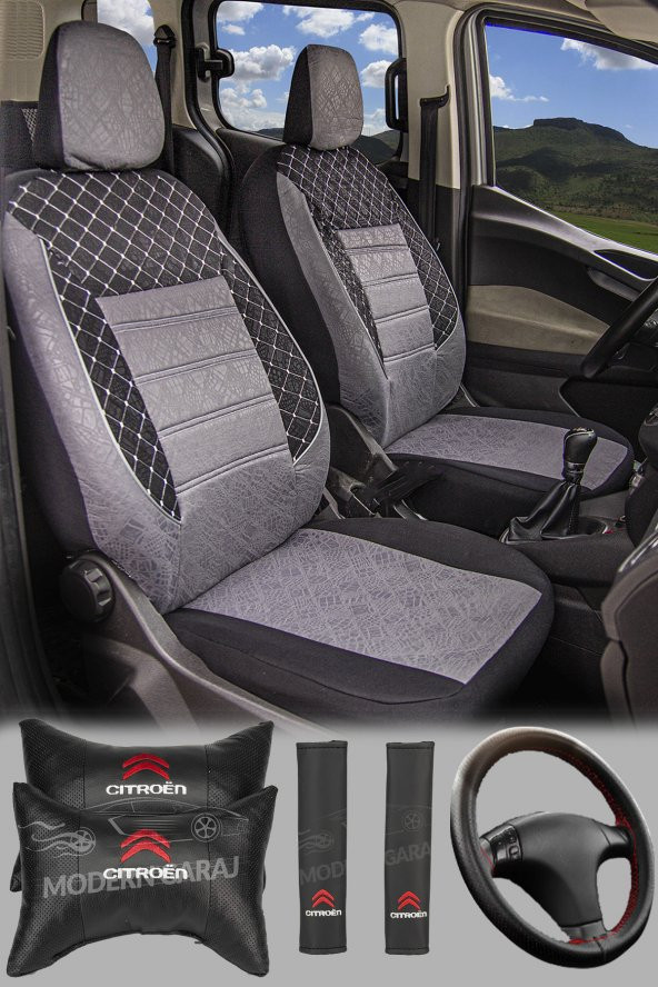 Citroen  C3, C4 Berlingo ,Saxo, Xantia Uyumlu Gofrajlı Fume Oto Koltuk  Kılıfı Seti Yastık-Kemer