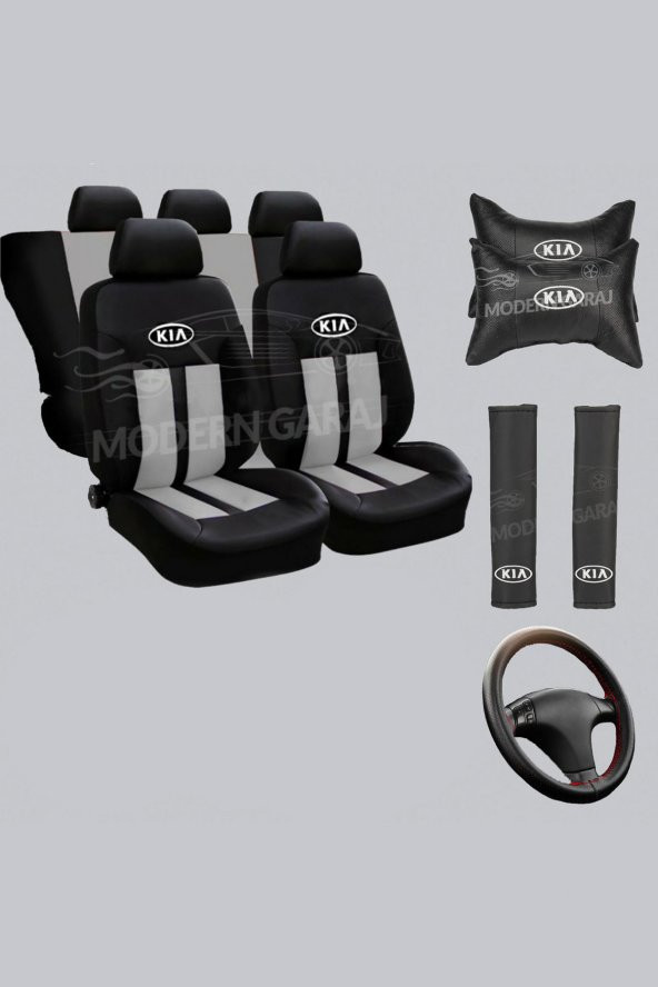 Kia Logolu Gri-Siyah  Koltuk Kılıfı Kia Boyun Yastığı Kia Kemer Pedi  Dikmeli Direksiyon Kılıfı ürün görseli 1