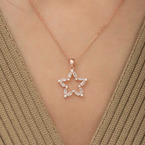 ​Gümüş Rose Baget Taşlı Yıldız Kolye SL3781 - Resim 2
