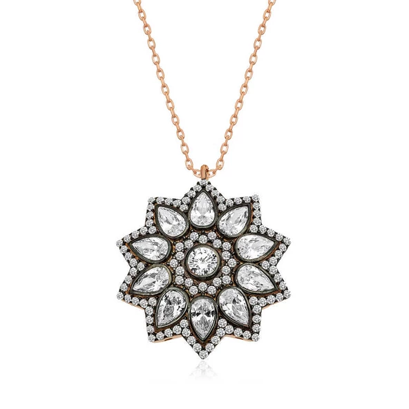 Gümüş Rose Çiçek Desenli Elmas Montür Kolye SL3758