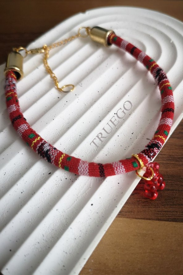 Kedi Köpek Boyun Tasması Bohem Kedi Kolyesi Renkli Jelibon Ayıcık - Kırmızı - 2