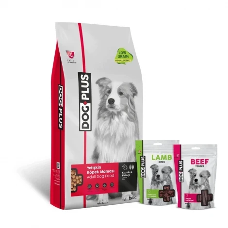 DogPlus Düşük Tahıllı Hipoalerjenik Kuzu Etli Pirinçli Yetişkin Köpek  Maması 15 Kg + Kuzu Etli + Dana Etli Ödül