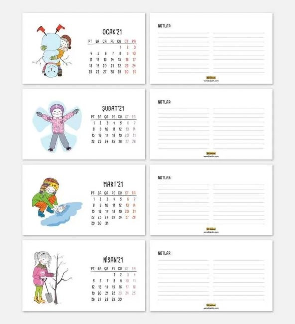 Mevsimler Kızlı İllustrasyon Çizim Masa Takvimi - Siyah Renk - 2