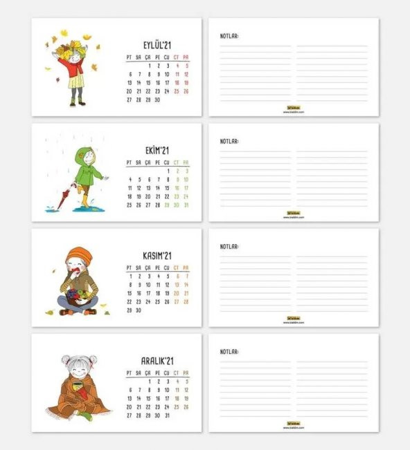 Mevsimler Kızlı İllustrasyon Çizim Masa Takvimi - Siyah Renk - 4