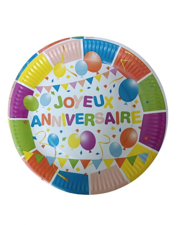 Multipak Çukur Joyeux Annıversaire Desenli Karton Tabak 23 Cm 25li