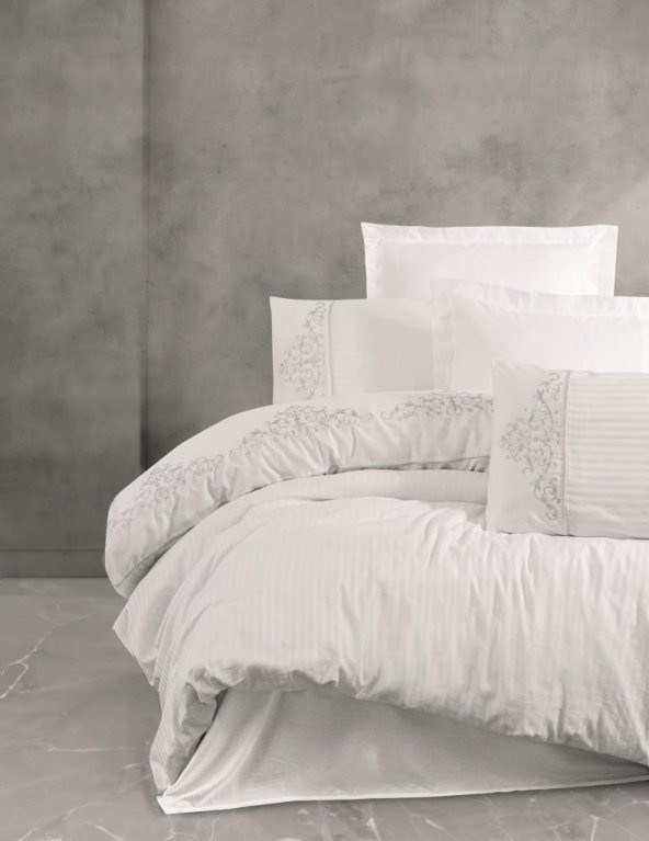 Cotton Box Brode Nakışlı Çift Kişilik Saten Nevresim Takımı Genny Beyaz - Resim 2