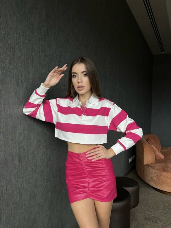 Polo Yaka Çizgili Crop Bluz - 3