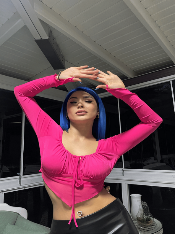 Asimetrik Kesim Crop Tül Bluz - 2