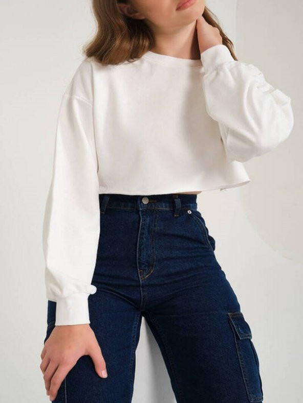 Pamuklu 3 Iplik Örme Crop Sweatshirt - 3